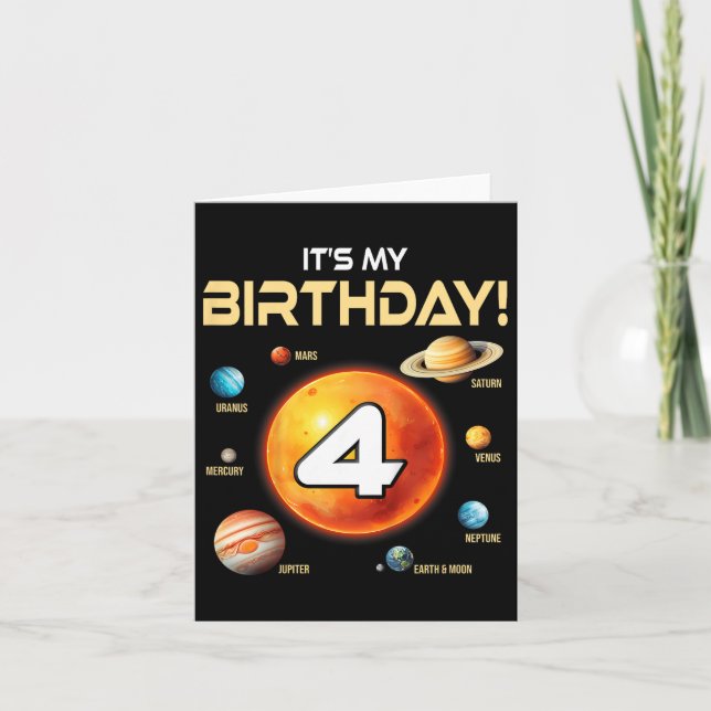 Kids Cute Solar System 4th Birthday Four Years Old Card (Front)