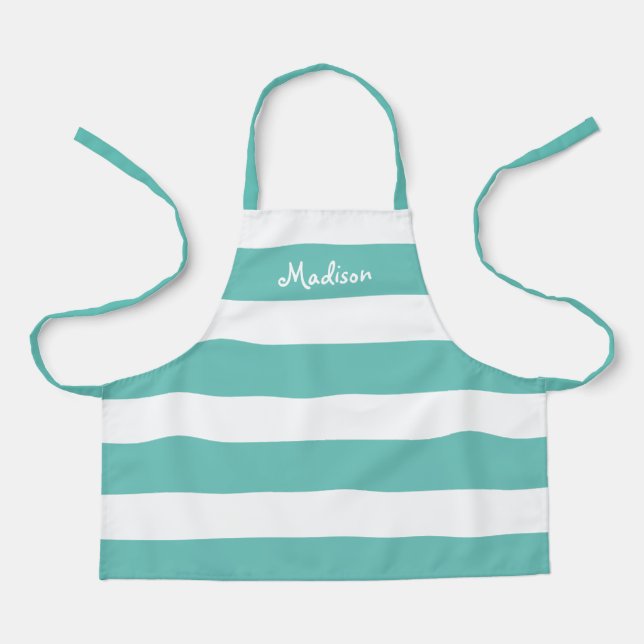 Kids Cute Teal and White Stripes Personalised Apron (Front)