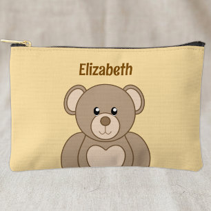 Kids cute teddy bear add a name brown peach accessory pouch