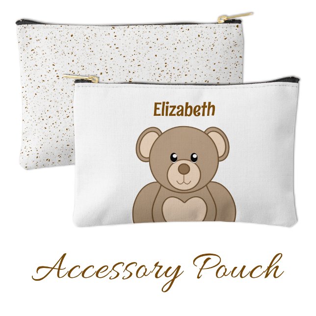 Kids cute teddy bear add a name brown white accessory pouch (Creator Uploaded)