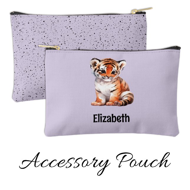 Kids cute tiger add a name purple black accessory pouch (Creator Uploaded)