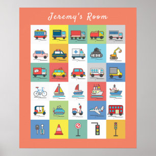 Kids Cute Trucks & Transport Monogram Name Wall Poster