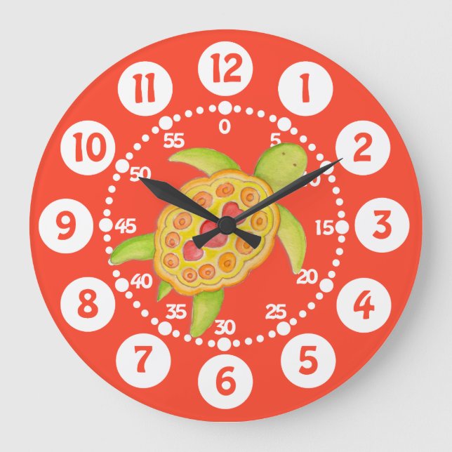 Kids cute turtle art orange green wall clock (Front)