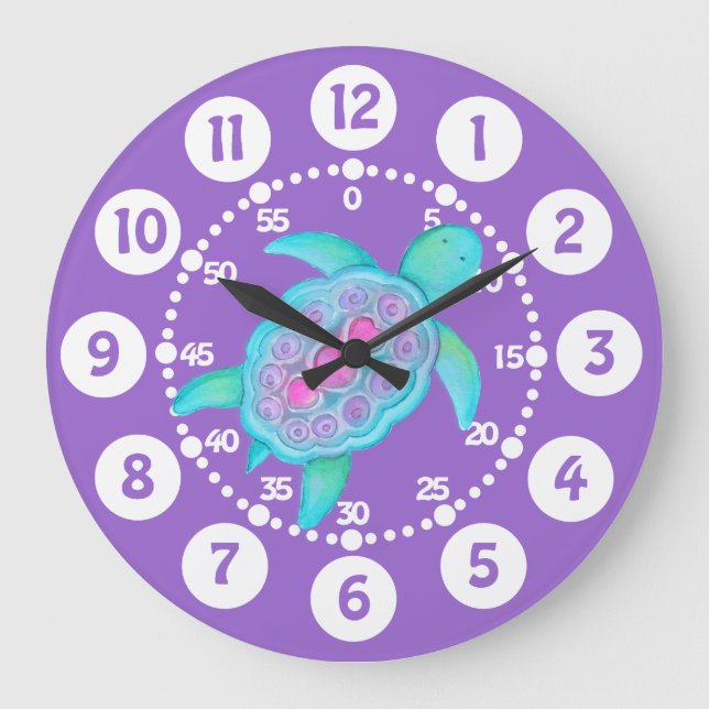 Kids cute turtle art purple aqua wall clock (Front)