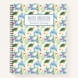 Kids Cute Watercolor Marine Animals Custom Name Notebook