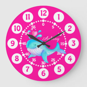 Kids cute whale spurting art pink aqua blue clock