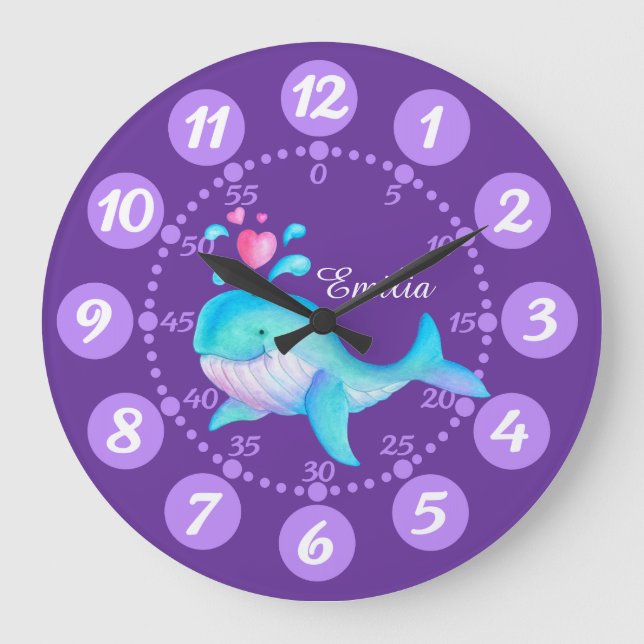 Kids cute whale spurting art purple aqua clock (Front)