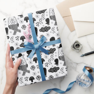 Kids Cute Winter Bear Hat Mitten Snow Cloud B/W Wrapping Paper