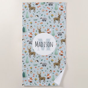 Kids Cute Woodland Forest Animals Kids Monogram Beach Towel