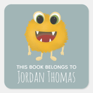 Kids Cute Yellow Monster School Bookplate Square Sticker