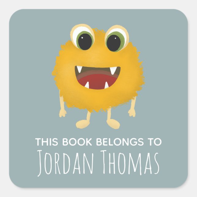 Kids Cute Yellow Monster School Bookplate Square Sticker (Front)