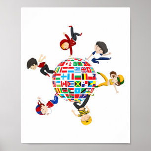 Kids Dancing Around The Globe Flags Of The World D Poster