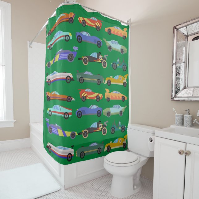 Kids Dark Green Race Car Shower Curtain (In Situ)