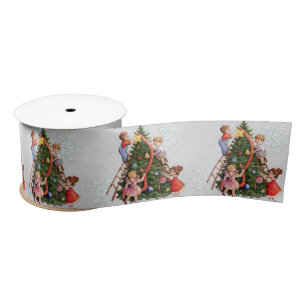 Kids Decorating Christmas Tree Satin Ribbon