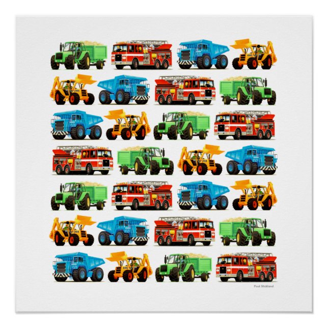 Kid's Digger Dumper Truck Firetruck Tractor Art Poster (Front)