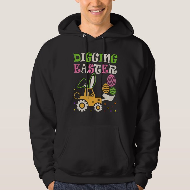 Kids Digging Easter Egg Hunt Cute Bunny Tractor Lo Hoodie (Front)