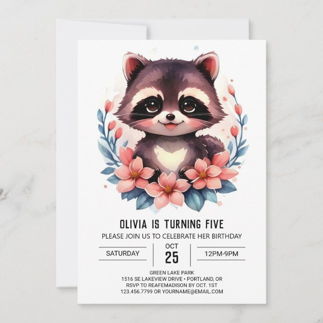 Kids' Digital Racoon Girl Birthday Invitation (Front)