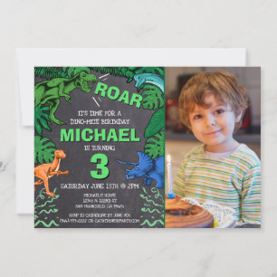 Kids Dino Trex Chalkboard Photo Dinosaur Birthday Invitation
