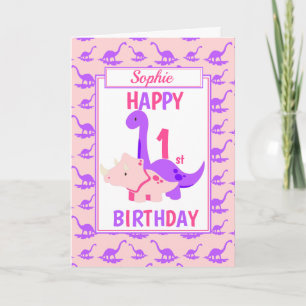 Kids Dinosaur 1st Birthday Pink Card
