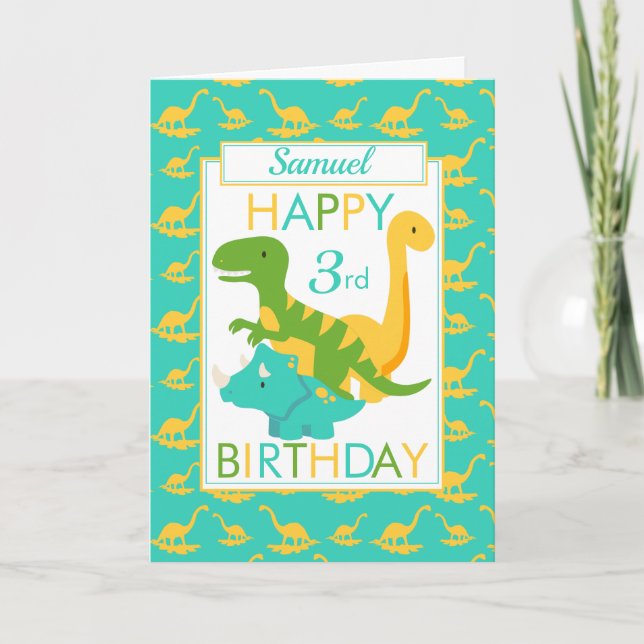 Kids Dinosaur 3rd Birthday Blue Card (Front)