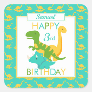 Kids Dinosaur 3rd Birthday Blue Square Sticker