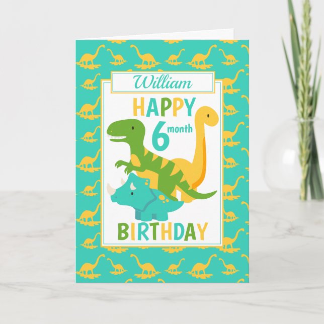 Kids Dinosaur 6 Month Birthday Blue Card (Front)