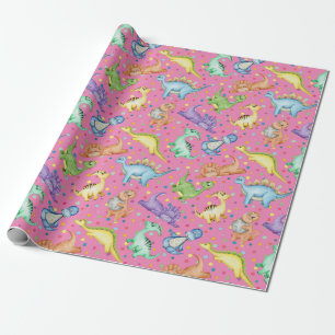 Kids dinosaur animal pink colour birthday gift  wrapping paper