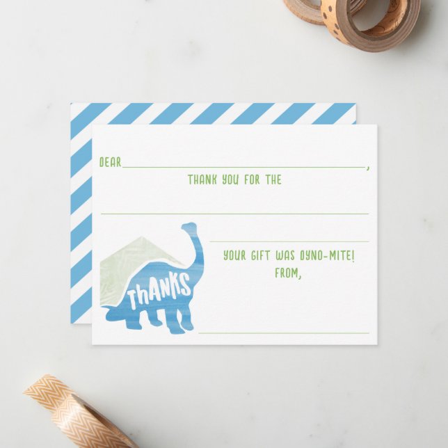Kids Dinosaur Birthday Fill In The Blank Thank You Card (Front/Back In Situ)