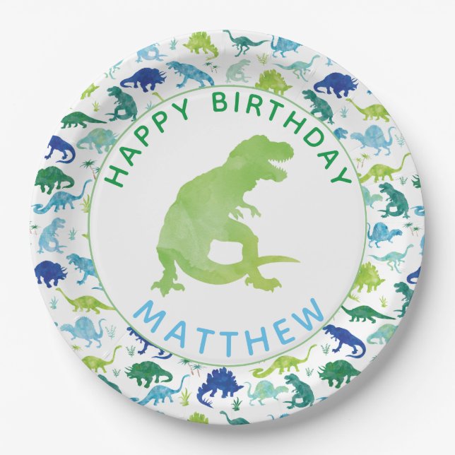 Kids Dinosaur Birthday Party Pattern Green Dino Paper Plate (Front)