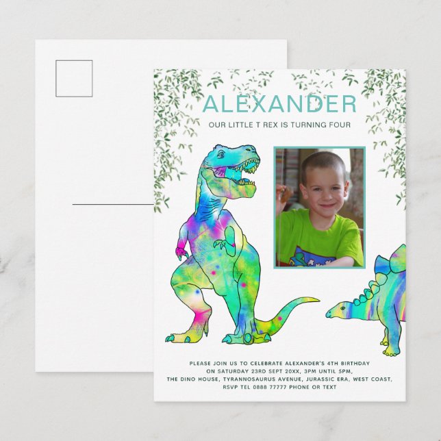 Kids Dinosaur Birthday Party Photo Budget Invitation Postcard (Front/Back)