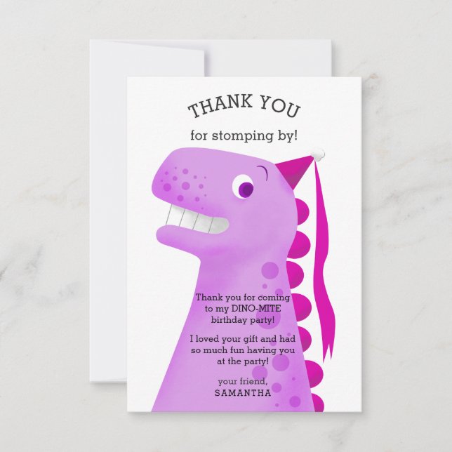 Kids Dinosaur Birthday Party Pink Thank You Card (Front)