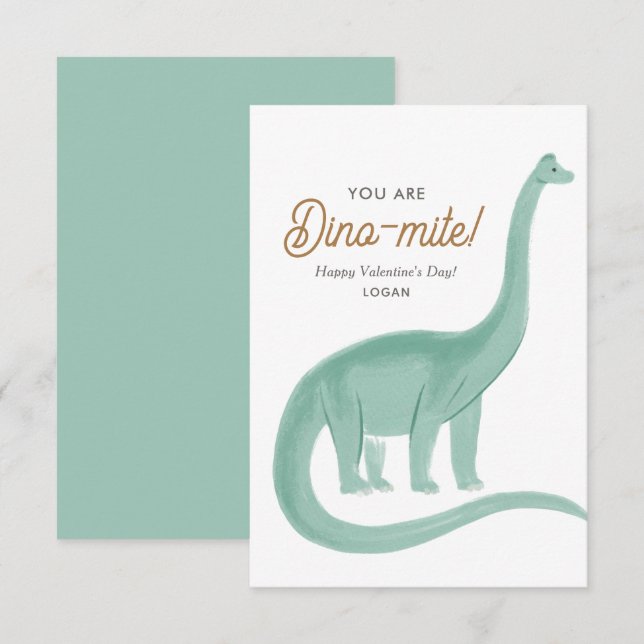 Kids Dinosaur Dinomite Classroom Valentine Day Card (Front/Back)