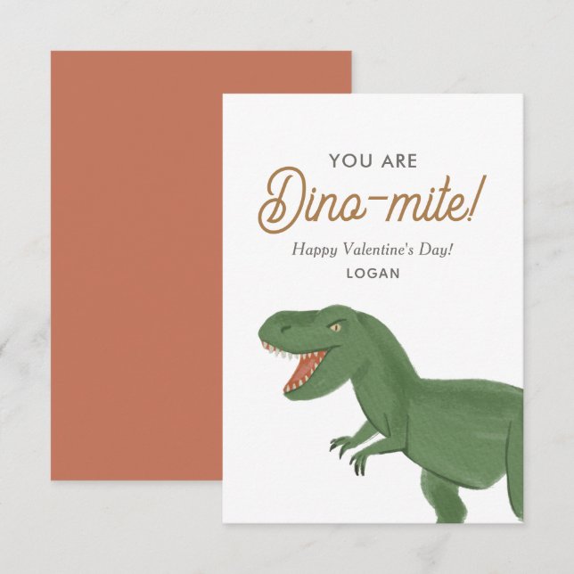 Kids Dinosaur Dinomite Classroom Valentine Day Card (Front/Back)