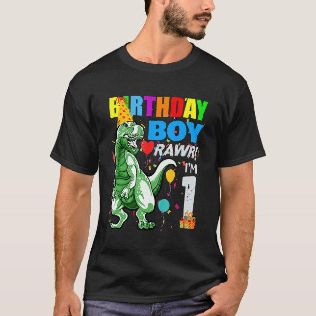 Kids Dinosaur First 1st Birthday Boy One 1 Year Ol T-Shirt (Front)