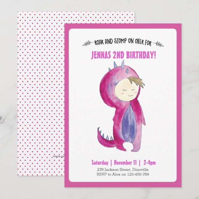 Kids Dinosaur Girl Birthday Invitation (Front/Back)