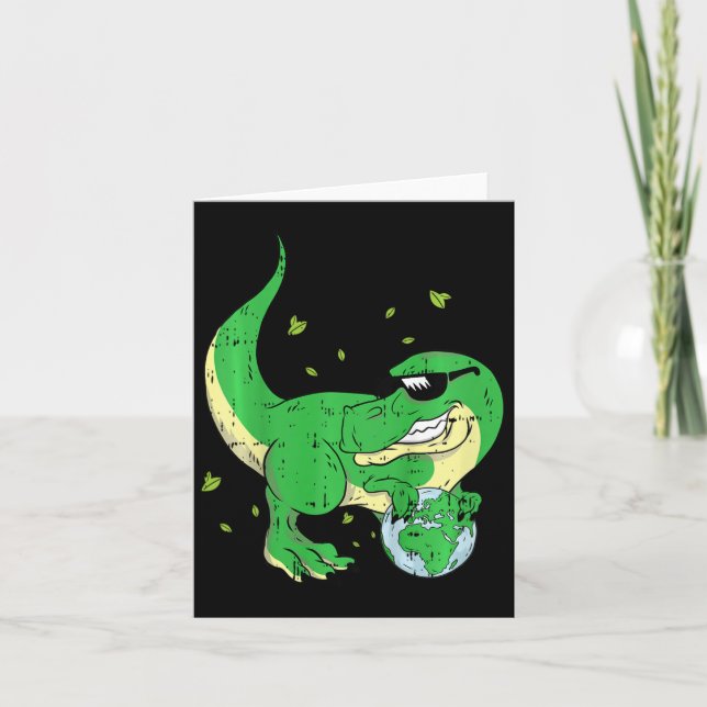 Kids Dinosaur Holding Planet Earth Day Environment Card (Front)