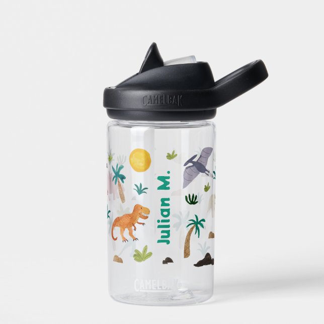 Kids Dinosaur Print and Personalised Name Water Bottle (Left)