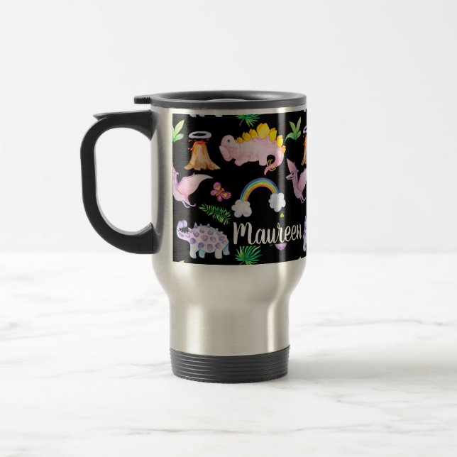 Kids' Dinosaur Rainbow Watercolor Jungle Pattern Travel Mug (Left)