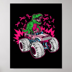 Kids Dinosaur Riding Monster Truck Breast Cancer A Poster