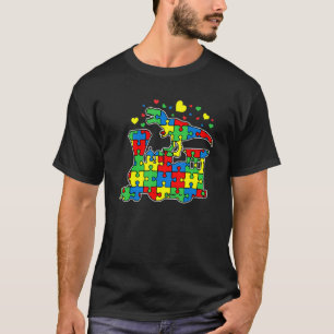 Kids Dinosaur Riding Train Puzzle Piece Autism Awa T-Shirt