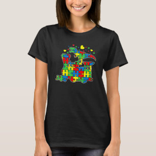 Kids Dinosaur Riding Train Puzzle Piece Autism Awa T-Shirt