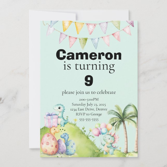 Kids Dinosaur Theme Birthday Blue Background Invitation (Front)