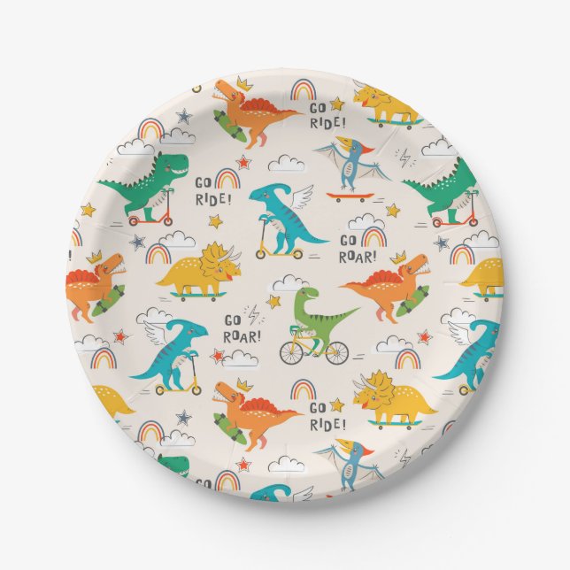 Kids Dinosaur Travelling Pattern Paper Plate (Front)