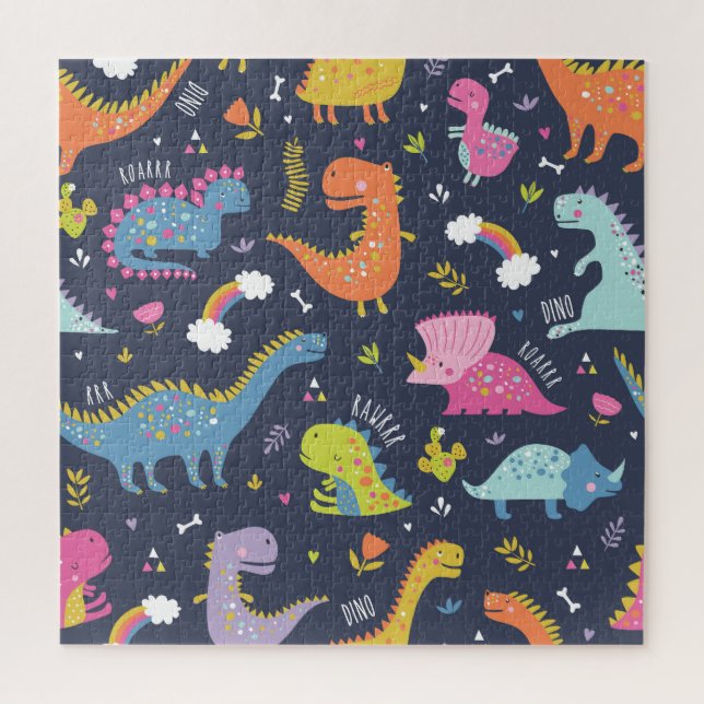 Kids Dinosaurs: Colourful Vintage Pattern Jigsaw Puzzle (Vertical)