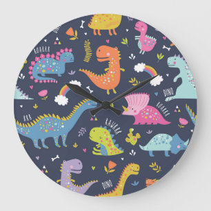 Kids Dinosaurs: Colourful Vintage Pattern Large Clock