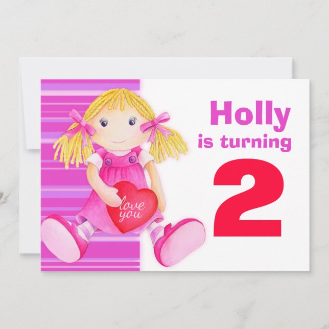 Kids doll 2nd birthday pink birthday invite (Front)