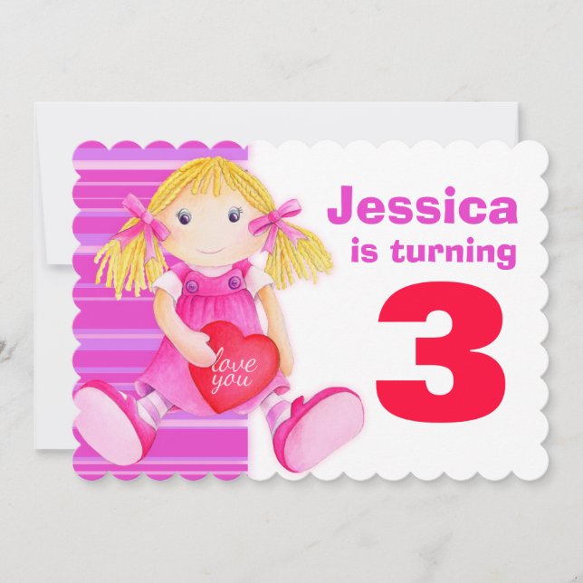 Kids doll 3rd birthday pink birthday invite (Front)