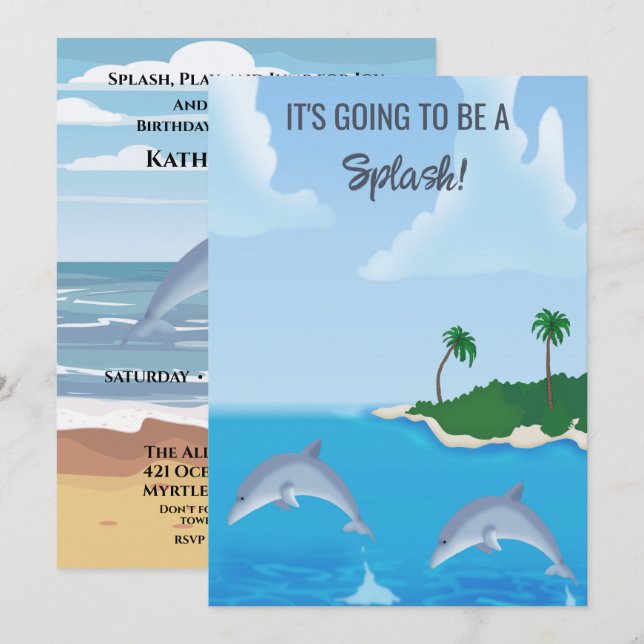 Kids Dolphin Beach Birthday Party  Invitation (Front/Back)