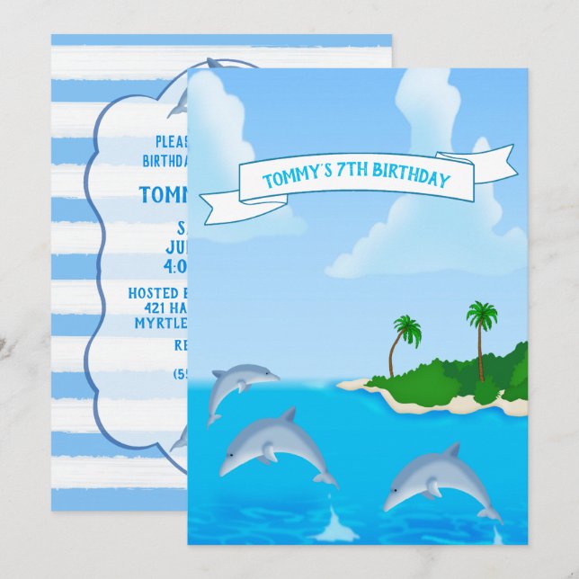 Kids Dolphin Birthday Party Invitations (Front/Back)