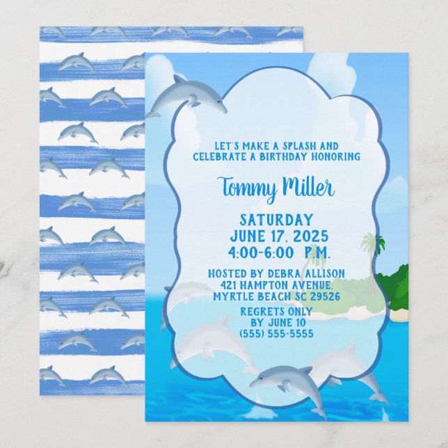 Kids Dolphin Splash Birthday Party Invitation (Front/Back)